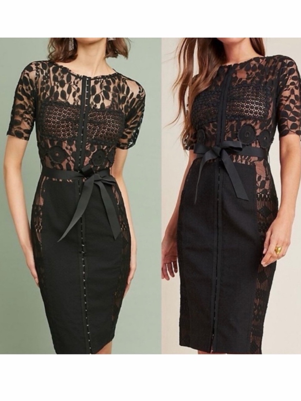 Byron Lars Black Lace Midi Dress with Satin Waist Tie from Anthropologie - Picture 1 of 6